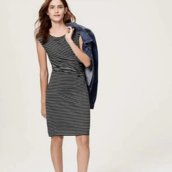 Loft Size Med Black White Stripe Stretch Knit Sheath Dress  lined comfortable - Picture 1 of 10